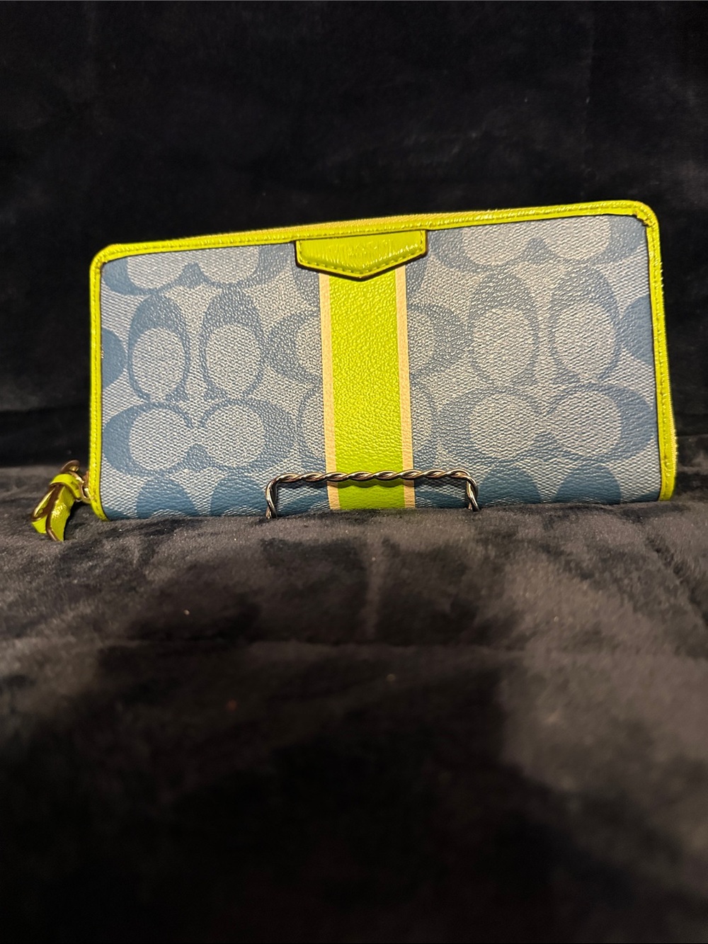 Coach Signature Zip Wallet in Light Blue with Lime Green Trim
